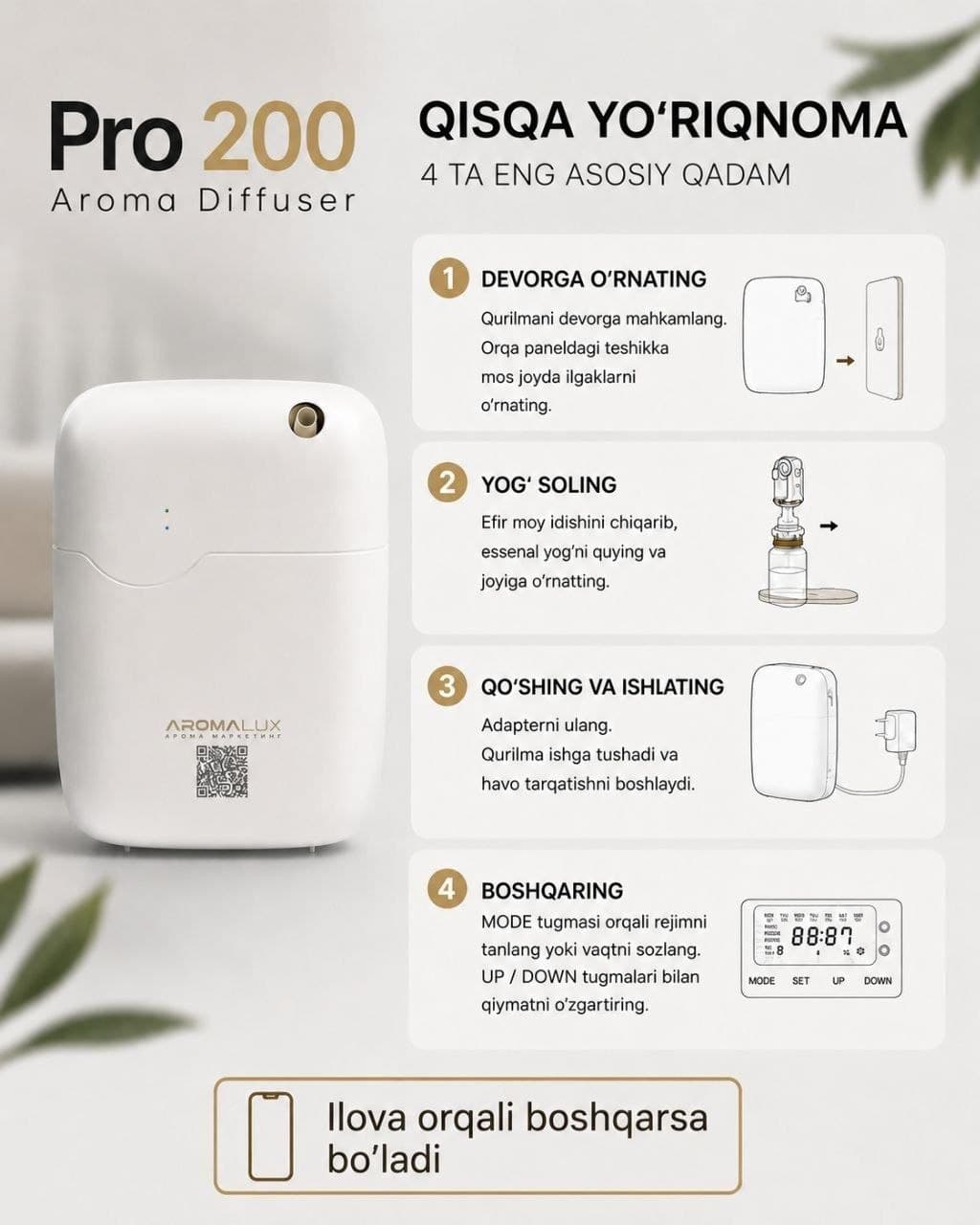 Pro 200 aroma diffuzer — qisqa yo'riqnoma